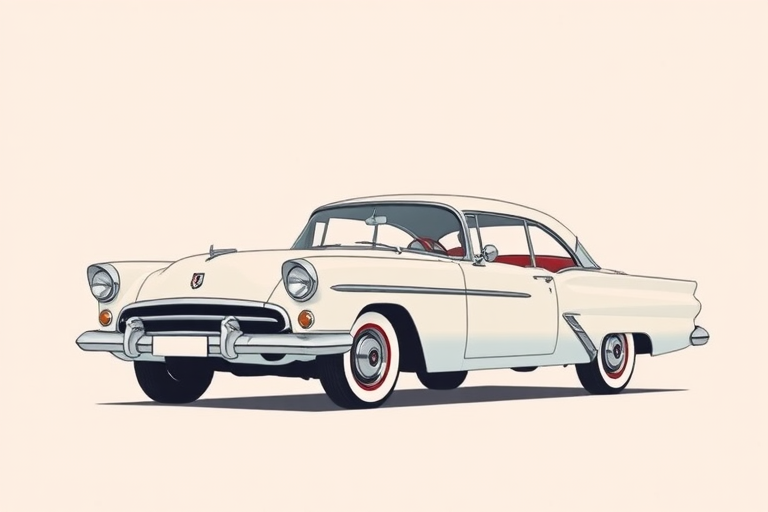 Create a minimalist illustration of a vintage car with a soft pastel background, composition centered, using a digital drawing tablet, with high resolution, 300 DPI, in a vector style.