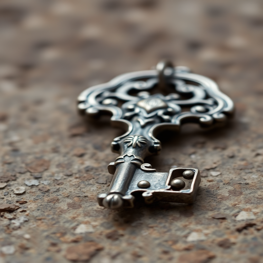 Create a detailed image of an ornate silver key lying on a textured surface, captured with a DSLR camera using a 50mm lens at f/1.8, ISO 100, shutter speed 1/200s, in natural light with a shallow depth of field for a soft background blur.