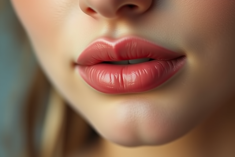 close-up of soft, glossy lips with natural shine, blurred bokeh background, 50mm lens, f/1.8 aperture, ISO 100, soft lighting, portrait style, DSLR camera