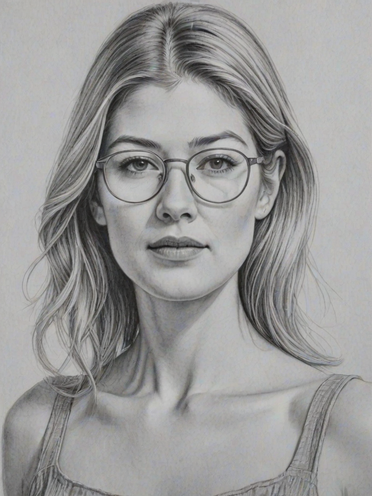 Fascinating Rosamund Pike, pencil sketch, portrait of Gorgeous woman 1974s in glasses, hair style beatnik, outline, clear lines, fine lines, 8k
