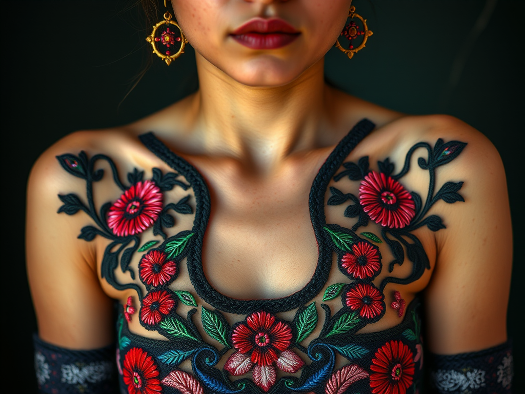 Face, shoulders, chest covered in openwork Maya embroidery. Raw, unedited image.