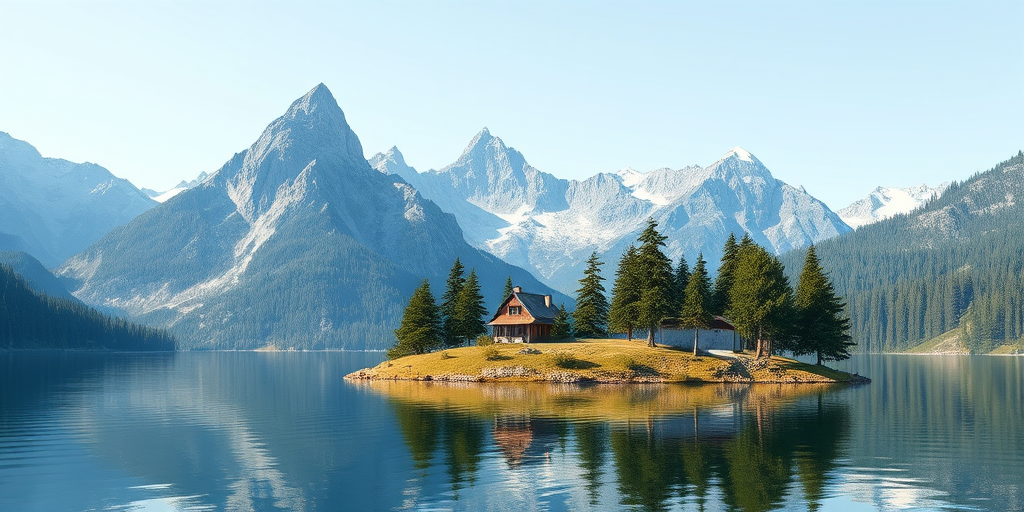 Create a high-resolution 3D rendering of a low-poly landscape featuring a quaint house surrounded by mountains and trees in a serene lake setting, captured with a DSLR camera, 50mm lens, f/8 aperture, ISO 100, and a wide-angle view to enhance depth and clarity.