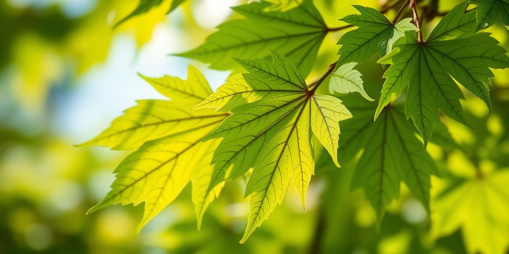 Capture high-resolution close-up images of vibrant green maple leaves with a soft focus background, using a DSLR camera, 50mm lens, aperture f/2.8, ISO 100, and shutter speed 1/250 sec to enhance detail and contrast in natural lighting.