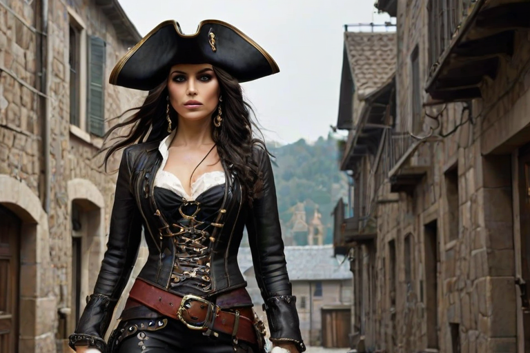 Create a portrait of a fierce female pirate. She wears a leather tricorn hat adorned with a skull and crossbones emblem, and her long, dark hair flows around her face. Her outfit consists of a richly detailed leather jacket, a corset, and multiple layers of belts and accessories, giving her a formidable and stylish appearance. She stands confidently in a dimly lit, historic port town, with a backdrop of weathered buildings and cobblestone streets, capturing the adventurous spirit of a pirate.