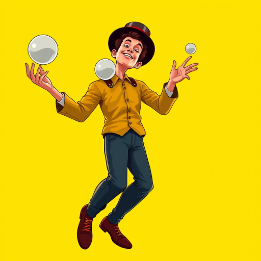 Create an illustration of a juggler in a vibrant yellow background, capturing a dynamic pose with one ball on the chin and juggling props in hand, using a 50mm lens, f/2.8 aperture, with a shallow depth of field to emphasize the subject while blurring the background, shot from a low angle for dramatic effect, in a digital vector art style.