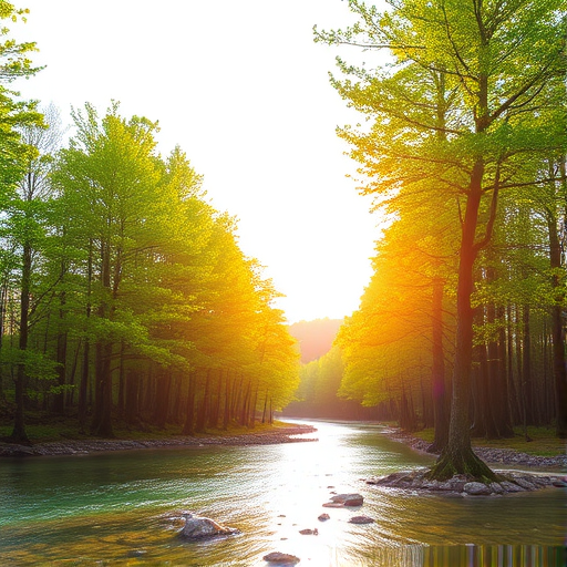 Create an image of a serene, sunlit forest scene with a clear, gently flowing river. Tall trees with lush green foliage line both sides of the river, their leaves bathed in the warm golden light of the setting or rising sun. The sunlight filters through the trees, casting soft, dappled light on the river, which flows over smooth rocks and pebbles, creating a peaceful, natural atmosphere. The sky is bright with a few scattered clouds, and the overall mood is tranquil, evoking a deep sense of connection with nature. The image captures the beauty of a calm, pristine forest landscape at either dawn or dusk.