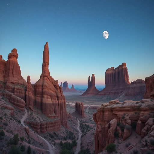 capture a stunning sci-fi landscape featuring towering rock formations under a starry sky with two moons, using a Canon EOS R5 camera, 24mm lens, f/8 aperture, ISO 100, with a wide-angle view and HDR photography style to enhance image quality