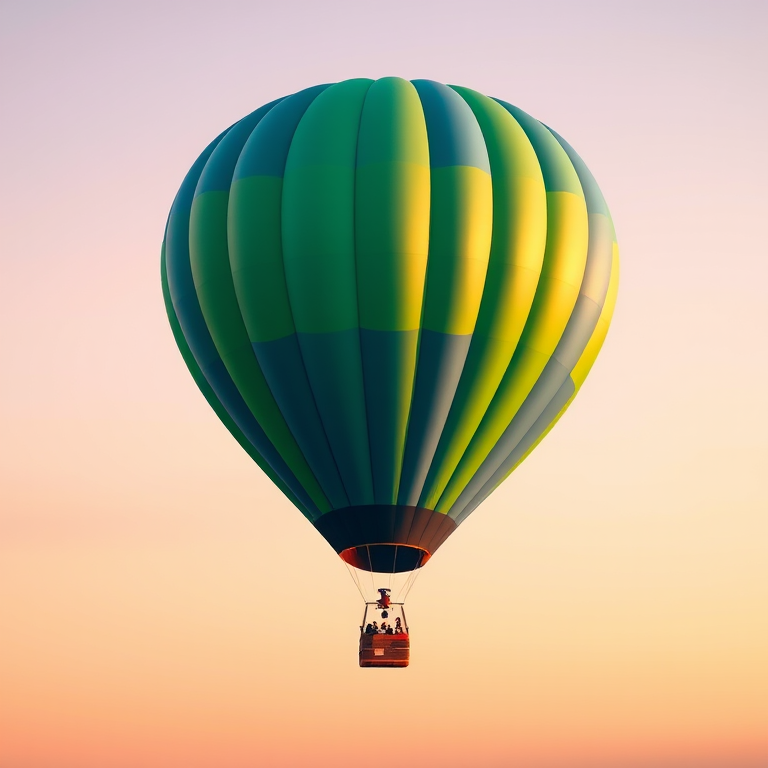 Create a vibrant illustration of a hot air balloon with green and blue stripes against a soft gradient sky, using a wide-angle lens at f/8, ISO 100, and a high-resolution digital camera for enhanced clarity and detail.