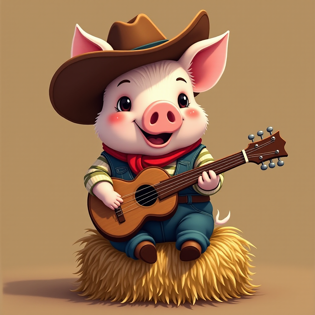 A chibi pig, dressed as a cowboy, playing guitar, sitting on a hay bale