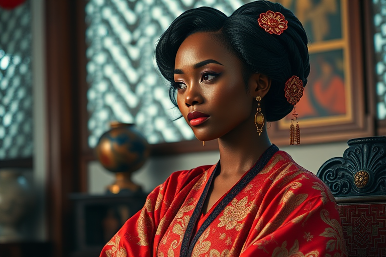 A beautiful Afro-Caribbean woman in traditional East Asian attire, intricately detailed with embroidered patterns, sitting gracefully in a richly decorated room, soft ambient lighting, serene and elegant, ultra-realistic, 8K resolution