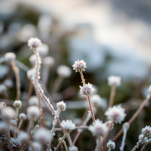 Close-up shot of frosty vegetation with a shallow depth of field, capturing delicate details of the plants with a blurred background, using a DSLR camera, 50mm lens, aperture f/2.8, ISO 200, natural lighting.