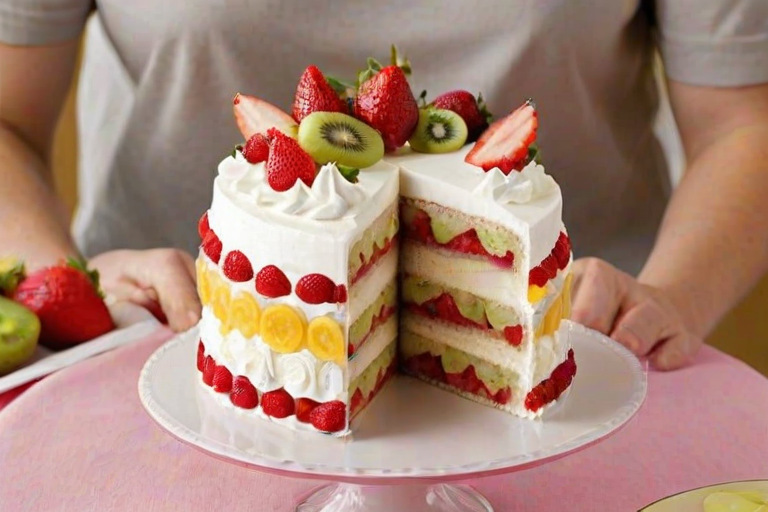 Create a beautifully decorated cake with layers of fruit and cream. The cake should have a smooth white frosting, topped with an assortment of fresh strawberries, kiwis, and other colorful fruits. Include decorative elements like whipped cream rosettes and edible flowers. Show a slice of the cake cut out, revealing the vibrant layers of fruit inside. The background should be soft and neutral to highlight the cake's colors.