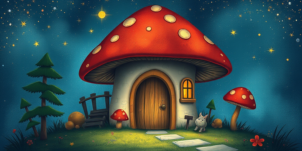 imagine illustration of a mushroom house with a door and a window, a storybook , fantasy art, mushroom house, bg starry sky, sparkles