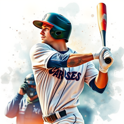 Create a digital illustration of a baseball player swinging a bat with an artistic watercolor effect, using a Canon EOS R5 camera with a 85mm f/1.2 lens, ISO 100, aperture f/2.8, and a shallow depth of field.