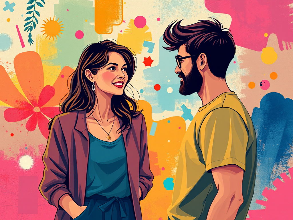 Create an illustration of a woman and a man engaged in a creative conversation, with vibrant abstract colors and shapes in the background, captured with a Canon EOS R5, 50mm lens, f/1.8 aperture, ISO 100, soft focus style.
