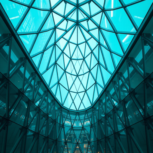 architectural interior of a modern glass structure with triangular patterns in a light blue color palette, ISO 100, f/8, 1/250s, wide-angle lens, DSLR camera, high dynamic range style