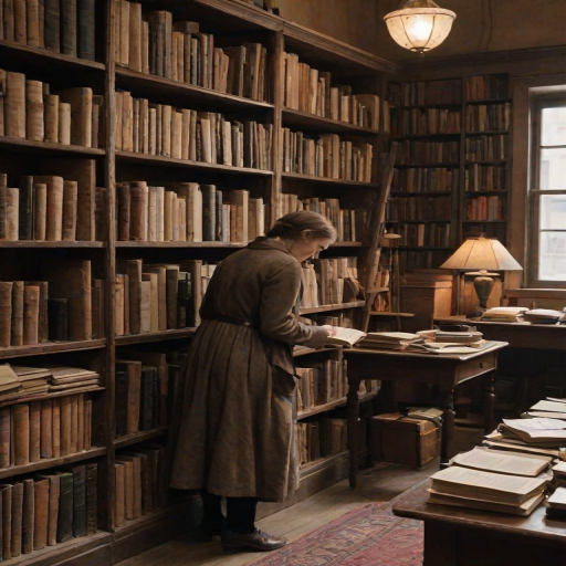 Old bookstore filled with towering shelves, the scent of aged paper in the air, a woman browsing through a dusty leather-bound book in a quiet corner.
