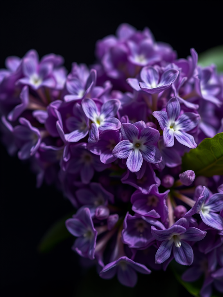Captivating close-up of purple lilac flowers on a dark background, using a 50mm f/1.8 lens, aperture set to f/2.8, ISO 100, shot with a shallow depth of field, natural light, using a DSLR camera for enhanced detail and clarity.