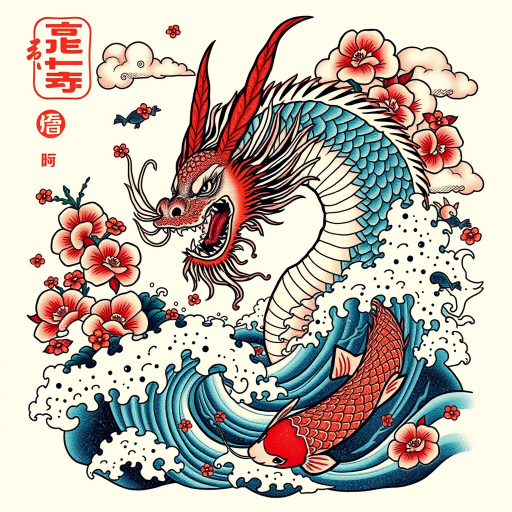 Japanese irezumi tattoo design known as "Mythical Waves" featuring a fierce dragon emerging from turbulent water with cherry blossoms koi fish and traditional clouds in vibrant colors adhering to traditional Japanese artistic principles