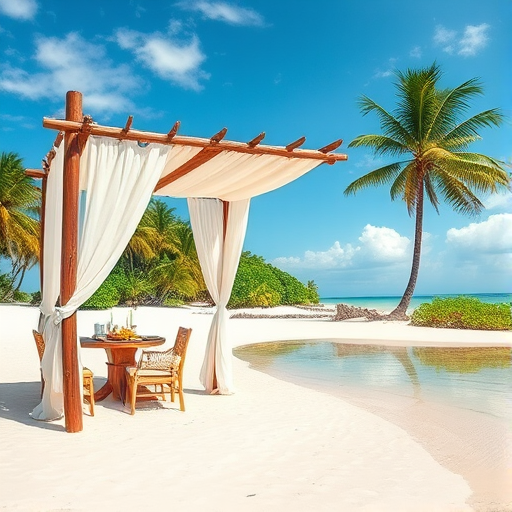 Create a picturesque tropical beach scene featuring a serene, white sandy shore. In the foreground, there's a rustic wooden canopy with white drapes gently flowing in the breeze. Underneath the canopy, a table is set with tropical decor, evoking a sense of relaxation and leisure. The beach extends into a calm, shallow water area with reflections of the sky and surroundings. Palm trees and lush greenery line the edge of the beach, providing a natural, tropical backdrop. The sky is clear with a few scattered clouds, and the overall atmosphere is tranquil and inviting, perfect for a peaceful retreat.