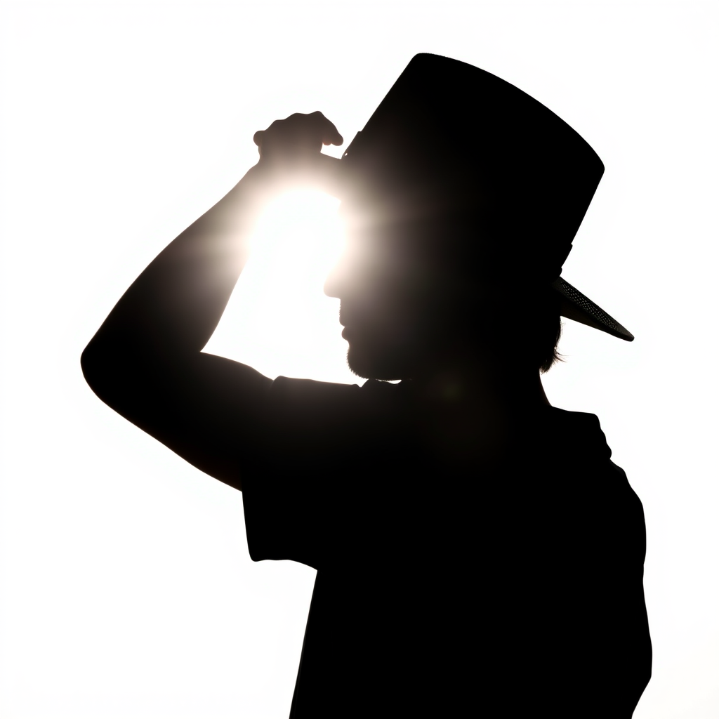 Create a high-contrast silhouette of a person wearing a hat against a bright background, using a DSLR camera with a 50mm lens at f/1.8, ISO 100, and a shutter speed of 1/200s, captured from an eye-level perspective in natural light.