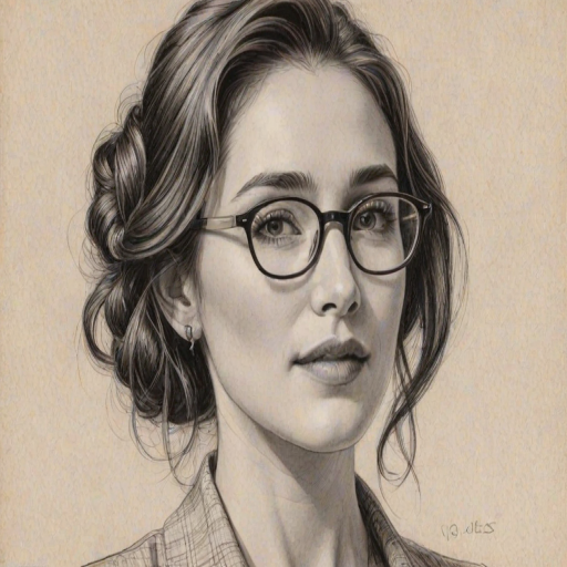 Enticing Carice van Houten, pencil sketch, portrait of Enchanting woman 1958s in glasses, hair style beatnik, outline, clear lines, fine lines, 8k