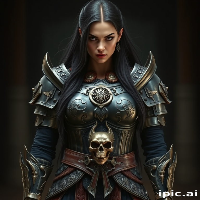 Create a photo of a fierce female warrior with long black hair, wearing an ornate, metallic armor. The armor includes a breastplate with intricate designs, shoulder guards, and gauntlets. The breastplate is decorated with a central emblem, possibly representing a mythical symbol, and has a sculpted, form-fitting design. She wears a belt with a large skull ornament at the center, and her armor extends into a partial skirt, revealing one leg. The overall look is both protective and stylish, with a dark, gothic aesthetic. The background is dimly lit, suggesting a medieval or fantasy setting, enhancing the warrior's imposing presence and intense expression.