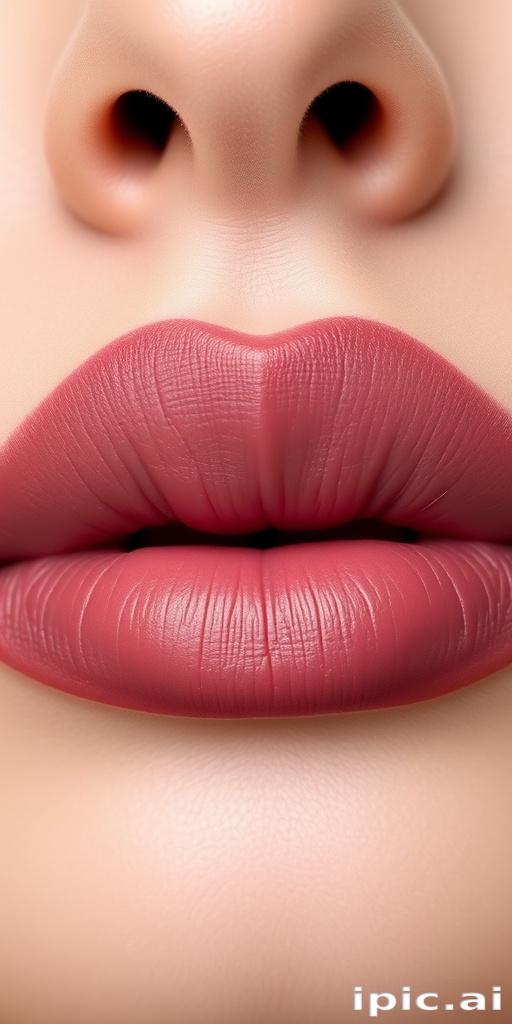 Elegant matte mauve lips with subtle ombre effect, perfectly defined cupid's bow, soft and velvety texture, understated yet sophisticated Dusty Rose Dream look