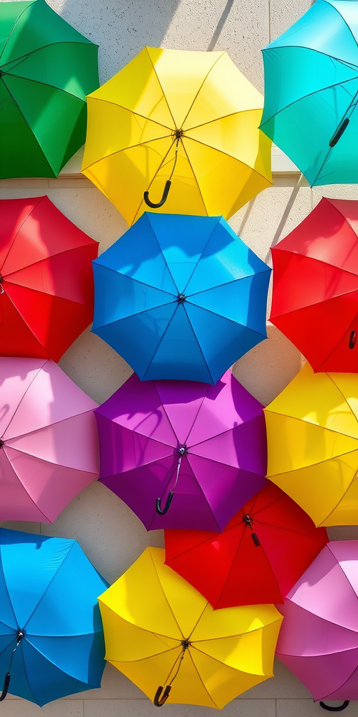 Create an image of six colorful umbrellas arranged in two rows of three, using a 50mm lens, f/2.8 aperture, ISO 100, and a top-down view with natural lighting to enhance vibrancy and clarity.