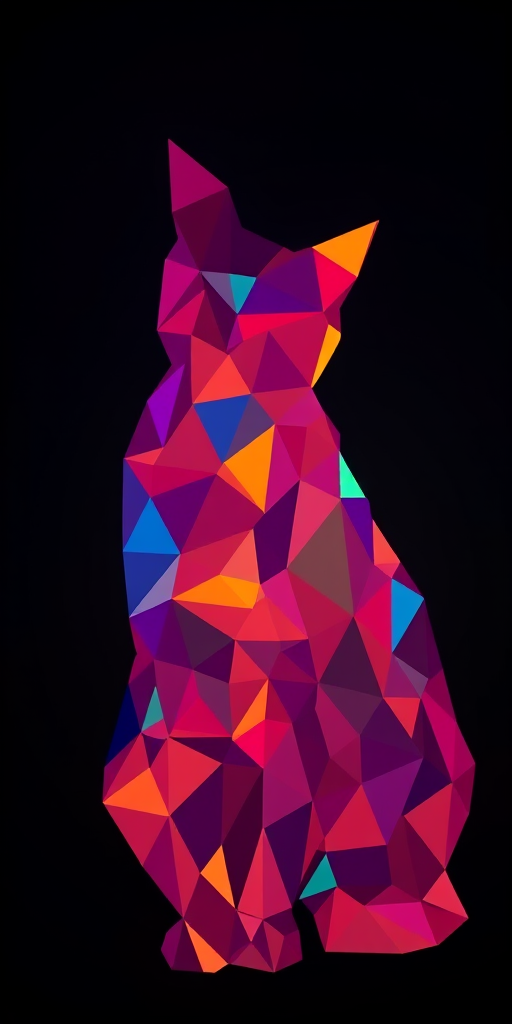 Create a vibrant low-poly cat silhouette filled with multicolored triangular patterns, captured in high resolution with a DSLR camera, focal length of 50mm, aperture set to f/1.8, ISO 200, and taken from a slightly elevated angle.