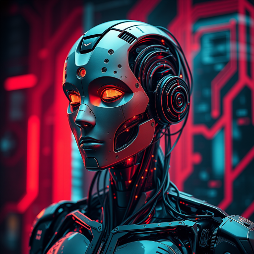 Create a hyper-realistic image of a futuristic humanoid robot with intricate wiring and cybernetic features against a red-lit technological backdrop, shot with a Canon EOS R5 at f/1.4, ISO 100, 50mm lens in soft focus for depth, emphasizing the details of the mechanical components and textures.
