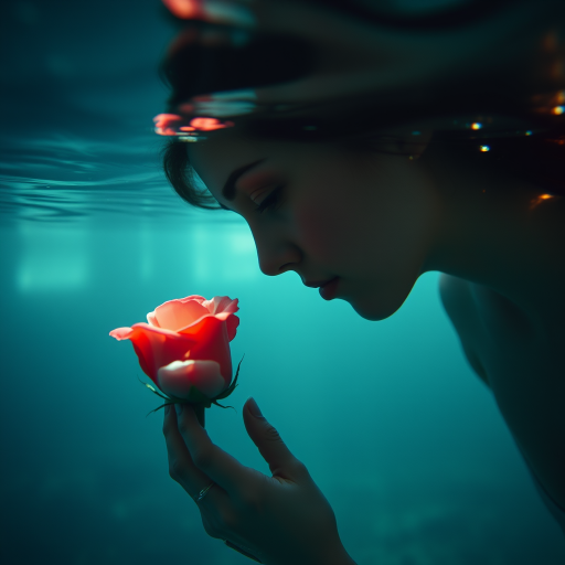 A woman underwater, gazing at a rose Her face is reflected in the water's surface The scene is illuminated by sunlight filtering through the water The atmosphere is serene and contemplative