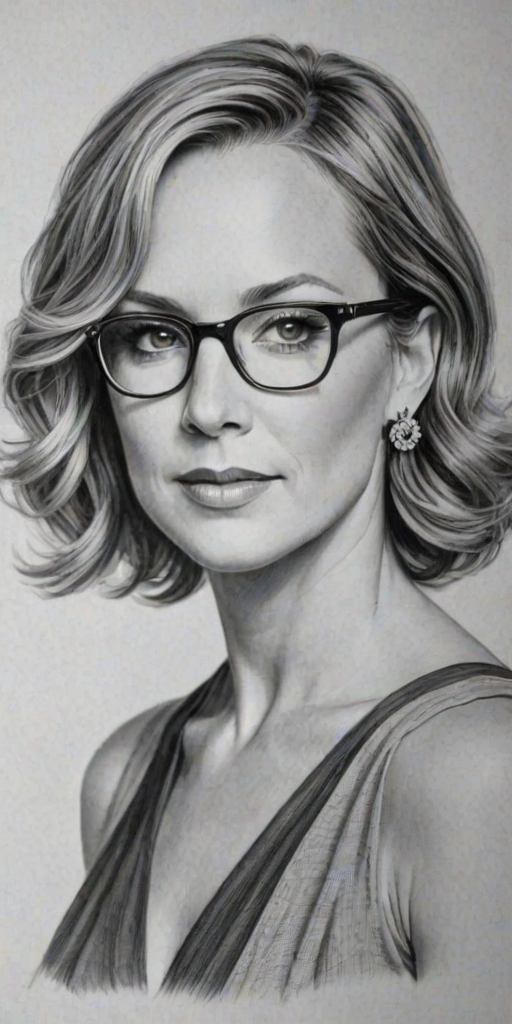 Ravishing Melora Hardin, pencil sketch, portrait of Graceful woman 1928s in glasses, hair style beatnik, outline, clear lines, fine lines, 8k
