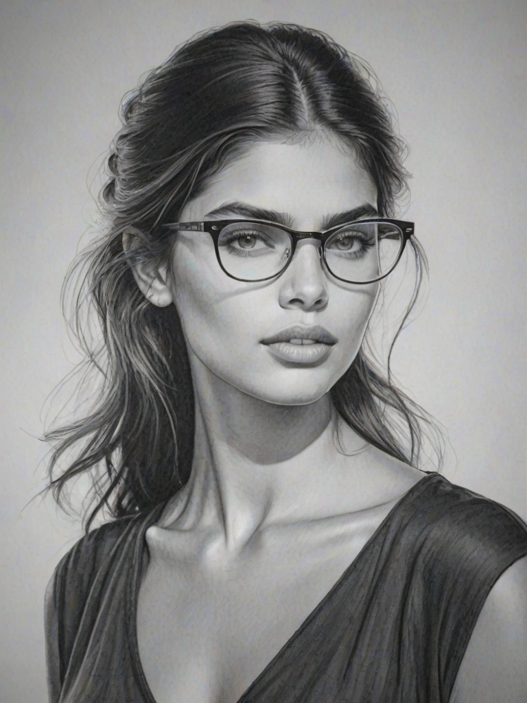 Graceful Sara Sampaio, pencil sketch, portrait of Enchanting woman 1974s in glasses, hair style beatnik, outline, clear lines, fine lines, 8k