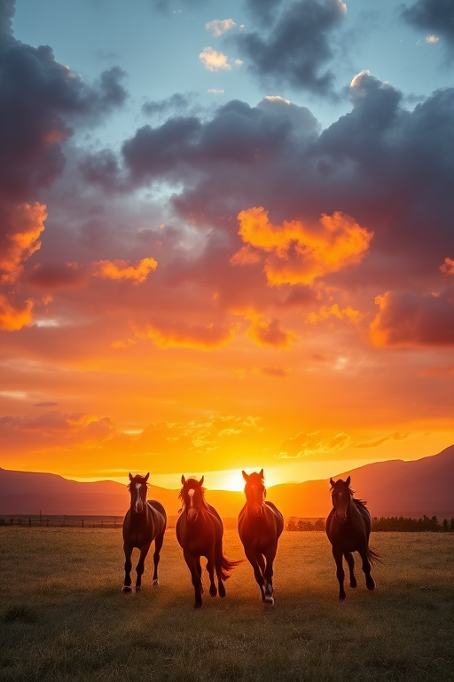 Generate an image of four horses running in a vibrant sunset scene with dramatic clouds and mountains in the background, shot with a Canon EOS R6, 50mm lens, f/1.8 aperture, ISO 100, and a wide-angle view to capture the expansive landscape.