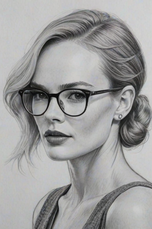 Superb Kate Bosworth, pencil sketch, portrait of Gorgeous woman 1933s in glasses, hair style beatnik, outline, clear lines, fine lines, 8k