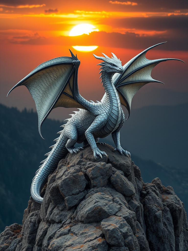 A majestic silver dragon perched on a rocky mountain peak, illuminated by a dramatic sunset in the background, with intricate scales and spread wings, high-resolution, DSLR camera, 24mm lens, f/8 aperture, ISO 100, natural lighting, and a wide-angle view.