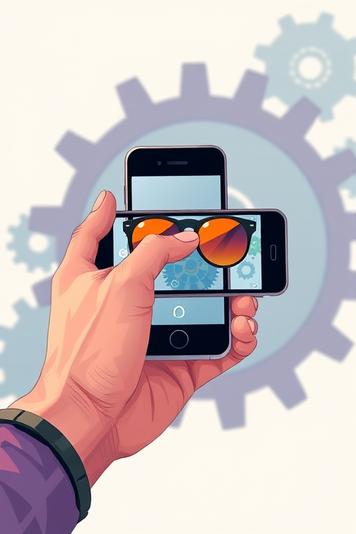 Create a digital illustration of a hand interacting with a smartphone displaying sunglasses, with a background of abstract gears, using a 50mm lens, f/1.8 aperture, ISO 100, facing front, in a vibrant color palette for enhanced clarity and detail.