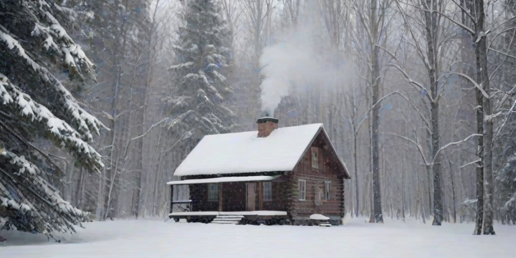Soft-focus image of a snow-covered cabin in the woods, soft smoke rising from the chimney, and gentle snowfall creating a peaceful winter scene.