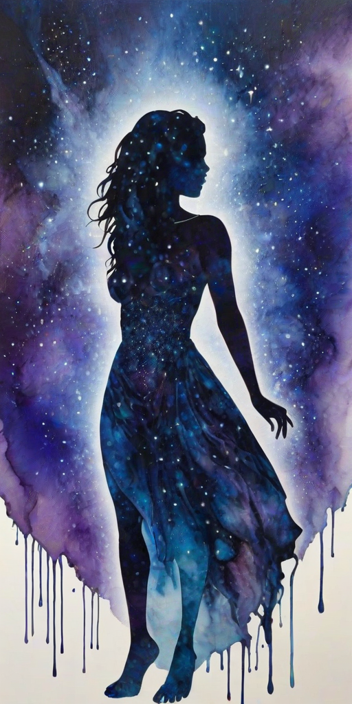 Captivating conceptual render alcohol ink art, double exposure, the paint strokes artfully merge combining a woman's full silhouette with a Cordial camel's silhouette. The figures are composed of a series of colored dots, lines & spots that evoke the image of a cosmic galaxy, colors are deep shades of blue purple & black with flashes of white & silver representing distant stars. The woman's silhouette is formed within the lion's silhouette from constellations of scattered stars, surreal