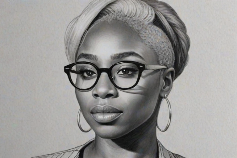 Magnificent Cynthia Erivo, pencil sketch, portrait of Radiant woman 1972s in glasses, hair style beatnik, outline, clear lines, fine lines, 8k