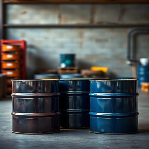 Create a high-resolution image of four oil drums in various positions, using a DSLR camera with a 50mm lens, aperture set to f/8, ISO 100, 1/200 sec exposure, and slight bokeh effect in the background, ensuring a well-lit environment with soft, diffused lighting to enhance texture and detail.