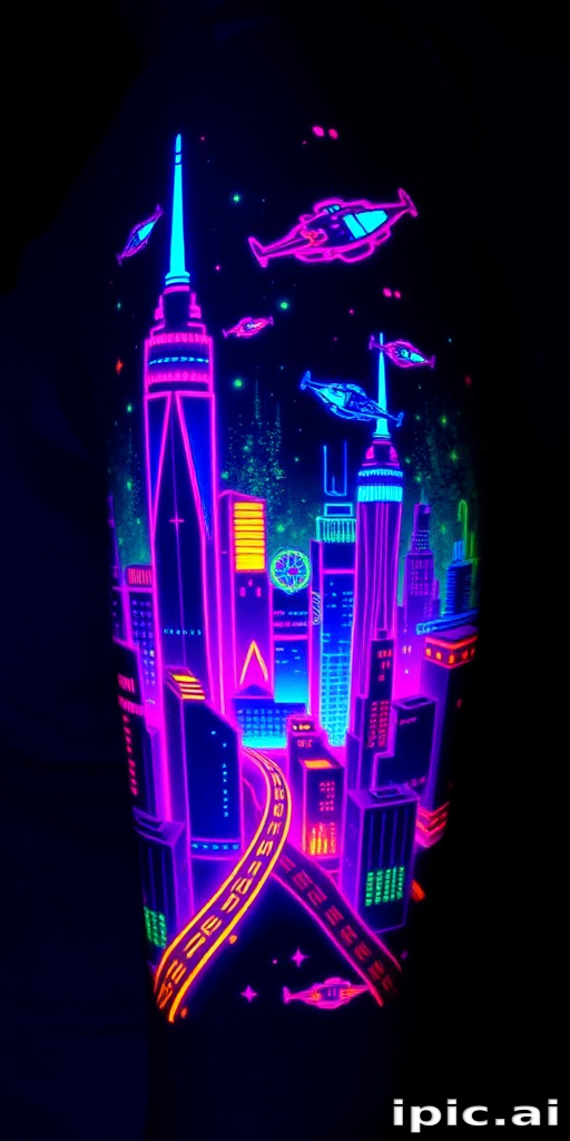 Neon glow tattoo named "Electric Dreams" showcasing vibrant, luminescent colors that appear to pulse and radiate under UV light, depicting a futuristic cityscape with glowing skyscrapers and flying vehicles, perfect for night owls and party-goers who want their tattoos to come alive in dimly lit environments.