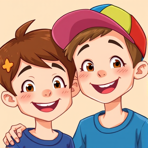 Create a vibrant illustration of two cheerful cartoon boys, one with brown hair and a blue shirt, the other wearing a multicolored cap and a blue shirt, with warm smiles and a friendly pose, using a digital art style, high resolution, at 300 DPI, with soft lighting and a slight blur for depth.