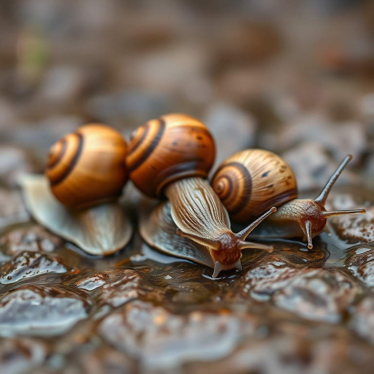 Close-up of three brown snails on a wet rock surface, with a shallow depth of field, natural lighting, macro lens at f/2.8, ISO 200, 1/100 sec shutter speed, captured with a DSLR camera.