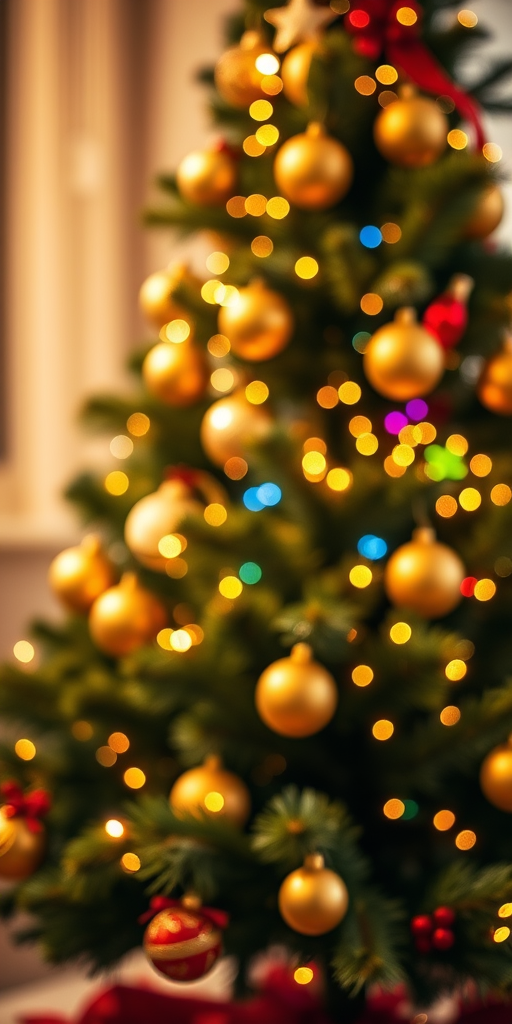 Create a festive scene featuring a beautifully decorated Christmas tree adorned with golden ornaments and twinkling lights. Include a soft, blurred background with colorful bokeh effects, evoking a warm and cheerful holiday atmosphere.