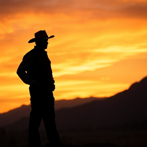 cowboy silhouette against a sunset with mountains in the background, warm orange and yellow hues in the sky, high dynamic range, f/8 aperture, ISO 100, 50mm lens, wide-angle view, DSLR camera, vibrant colors and sharp details