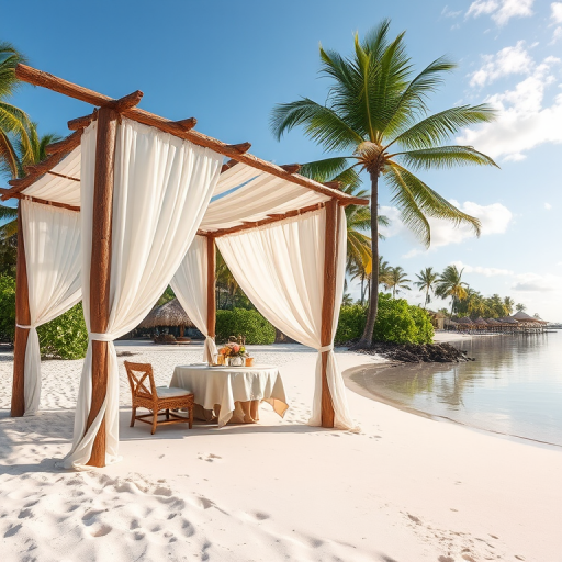 Create a picturesque tropical beach scene featuring a serene, white sandy shore. In the foreground, there's a rustic wooden canopy with white drapes gently flowing in the breeze. Underneath the canopy, a table is set with tropical decor, evoking a sense of relaxation and leisure. The beach extends into a calm, shallow water area with reflections of the sky and surroundings. Palm trees and lush greenery line the edge of the beach, providing a natural, tropical backdrop. The sky is clear with a few scattered clouds, and the overall atmosphere is tranquil and inviting, perfect for a peaceful retreat.