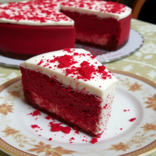 A slice of red velvet cheesecake with a creamy white frosting on top and red velvet crumbs sprinkled around, served on a decorative plate, with the whole cheesecake visible in the background on a patterned tablecloth.