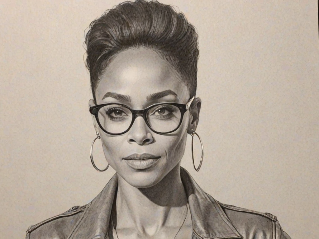 Superb Jada Pinkett Smith, pencil sketch, portrait of Comely woman 1968s in glasses, hair style beatnik, outline, clear lines, fine lines, 8k